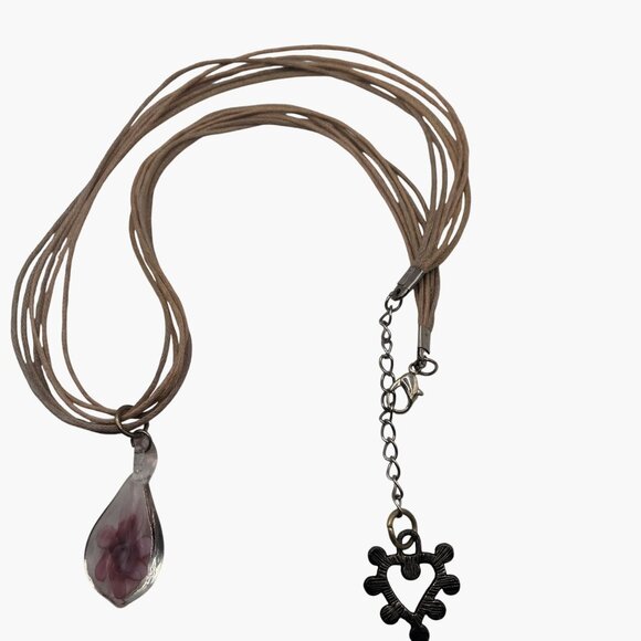 Glass Teardrop Pendant Necklace  Purple Flower Heart Adjustable - Picture 3 of 8